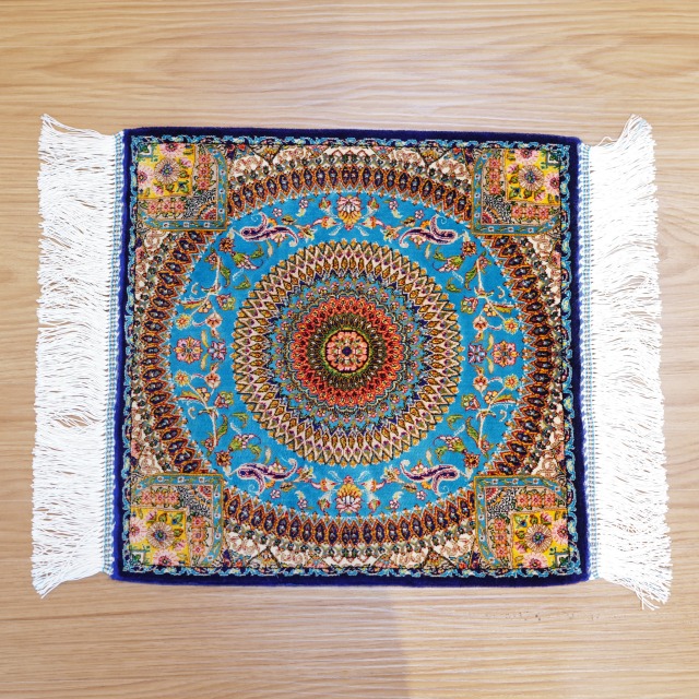 イラン製 ペルシャ絨毯 メダリオン柄 40×40cm モダール100% 高密度170万ノット 瑠璃色 ミニラグ タペストリー 玄関マット 高級インテリア