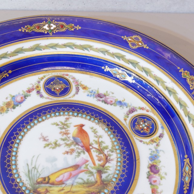 18世紀 セーブル窯 鳥類学 絵付けプレート 王者の青 金彩 セーヴル