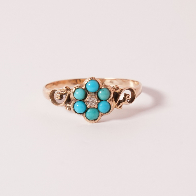 19世紀後半頃 ターコイズ ダイヤモンド 15金 可愛い小花の勿忘草
