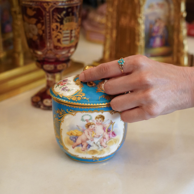 19世紀後半頃 ターコイズ ダイヤモンド 15金 可愛い小花の勿忘草