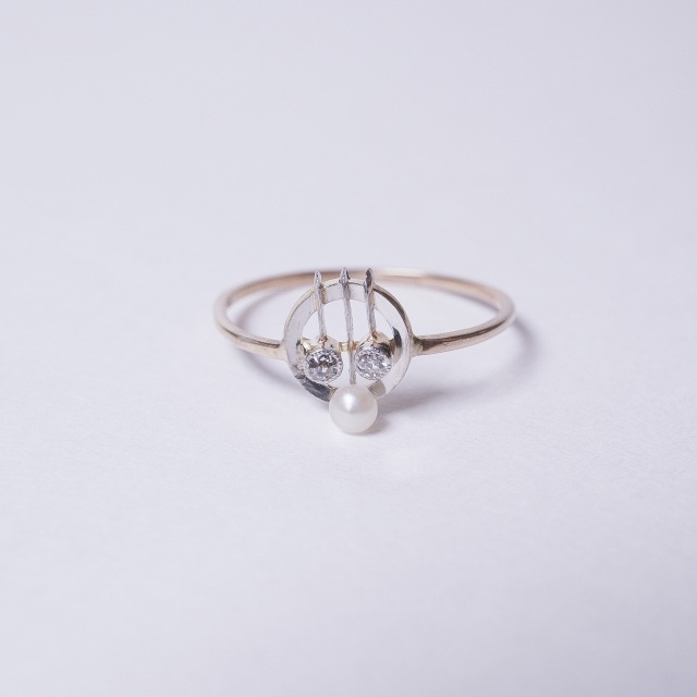 1900年代 ダイヤモンド パール プラチナ 9金 パール＆オールドカットダイヤモンドシャムロックアールデコリング ECJPMA0033