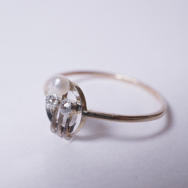 1900年代 ダイヤモンド パール プラチナ 9金 パール＆オールドカットダイヤモンドシャムロックアールデコリング ECJPMA0033