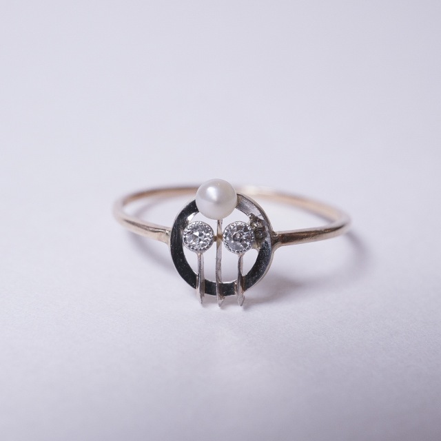 1900年代 ダイヤモンド パール プラチナ 9金 パール＆オールドカットダイヤモンドシャムロックアールデコリング ECJPMA0033