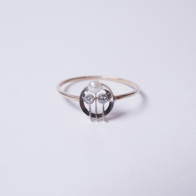 1900年代 ダイヤモンド パール プラチナ 9金 パール＆オールドカットダイヤモンドシャムロックアールデコリング ECJPMA0033