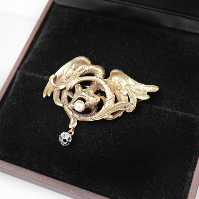 フランス 19世紀末 18K パール ダイヤモンド - - アールヌーヴォー期のドラゴンのゴールドブローチ ECJPOF0019