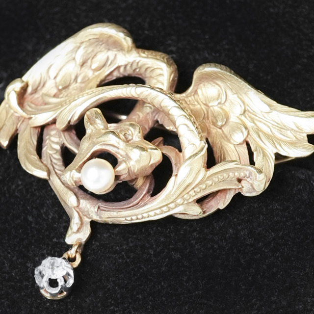 フランス 19世紀末 18K パール ダイヤモンド - - アールヌーヴォー期のドラゴンのゴールドブローチ ECJPOF0019