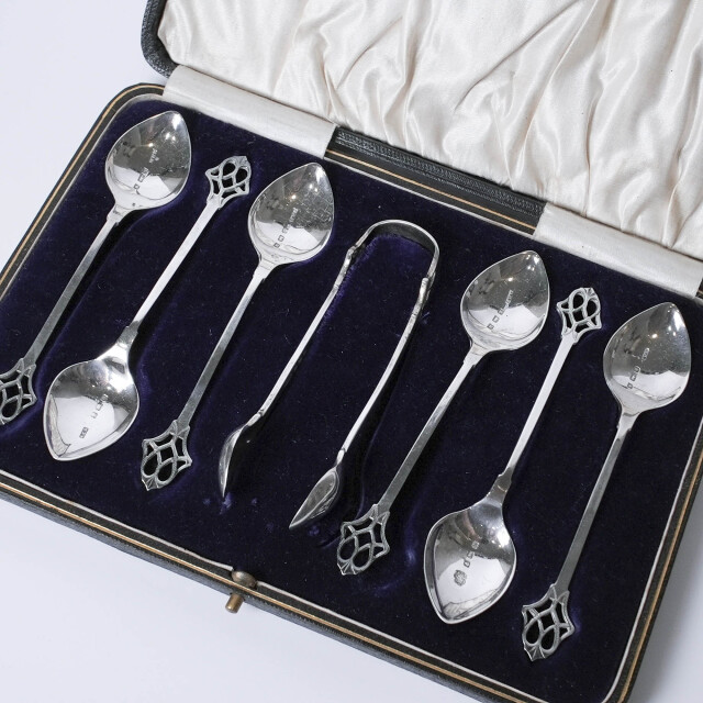 イギリス バーミンガム製 1921年 ティースプーン6本トングセット