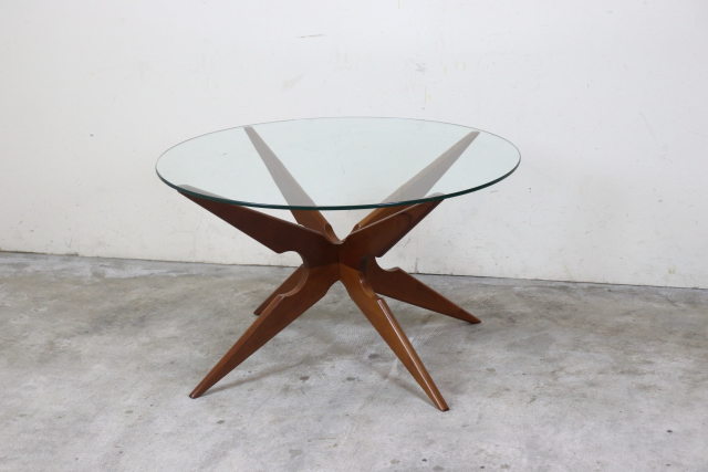 デンマーク　ガラストップコーヒーテーブル　ヴィンテージ　チーク　スパイダー