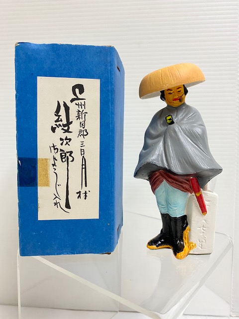 箱入☆昭和レトロ☆木枯し紋次郎☆陶器製☆人形 箱１３．３ｃｍ １００ｇ 当時物 俳優 中村敦夫 時代劇 現状 【AT1085】