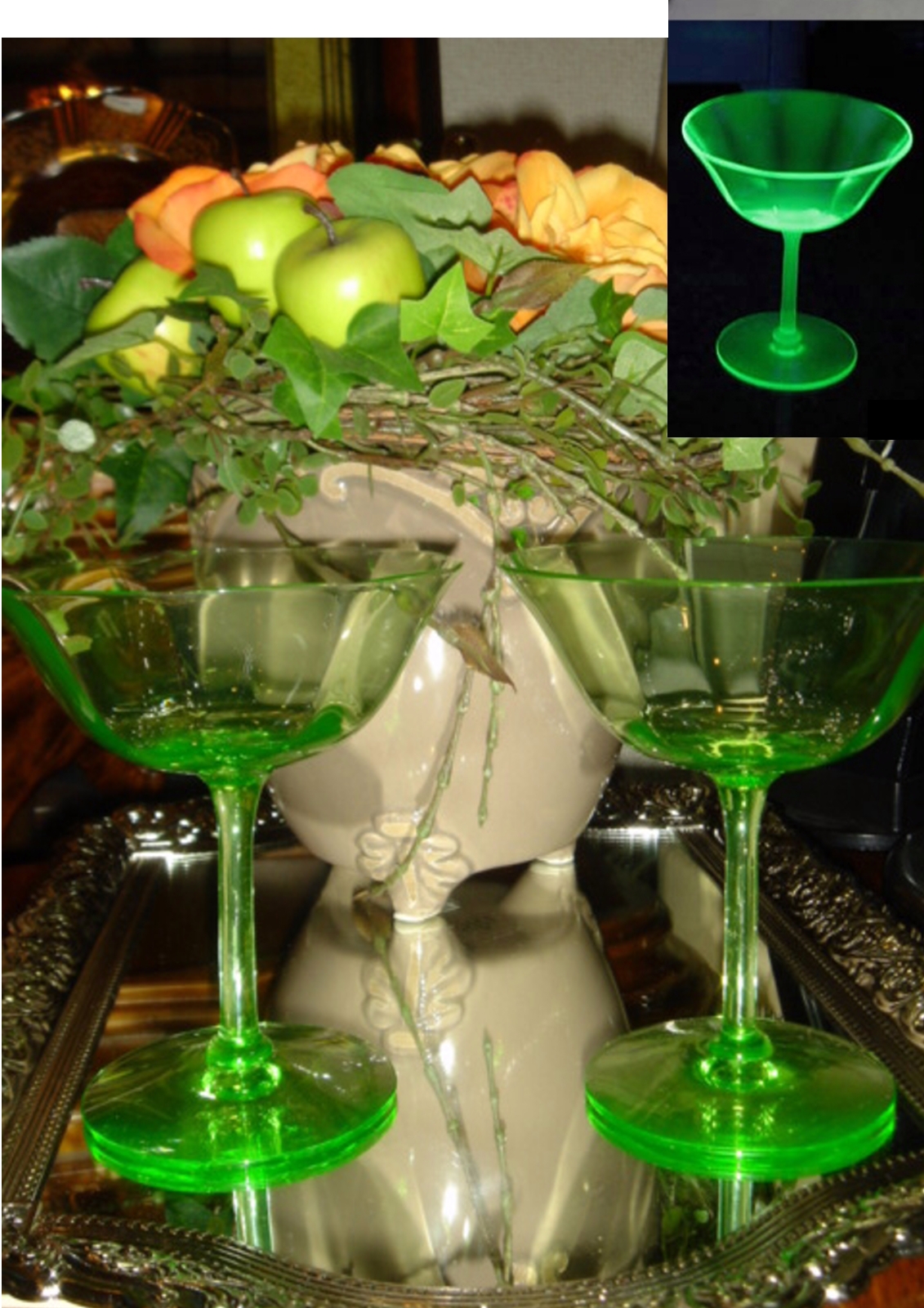 和骨董　ウランガラス　3点セット 和骨董 ウランガラス 3点セット 2客セット♪グリーンが綺麗な