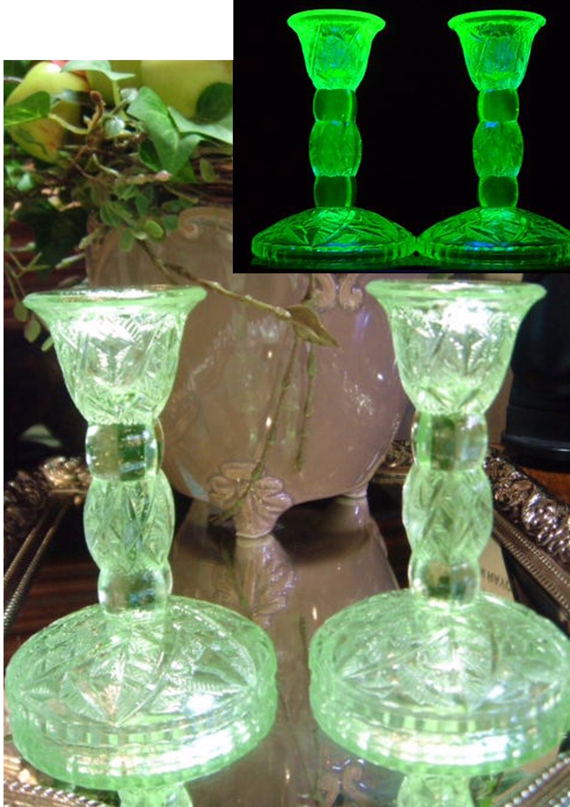 アメリカ　ヴィンテージ　グリーンのカットガラス　ウランガラスのキャンドルスタンド　セット♪　【AWG0186】