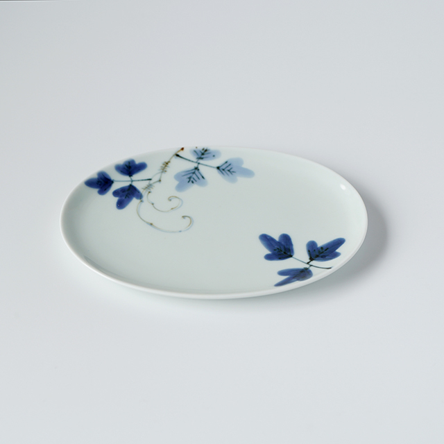  青い花模様 楕円形皿 375 新品未使用 岩永浩 楕円皿牡丹 ｜ 暮らしのうつわ花田 和食器 通販