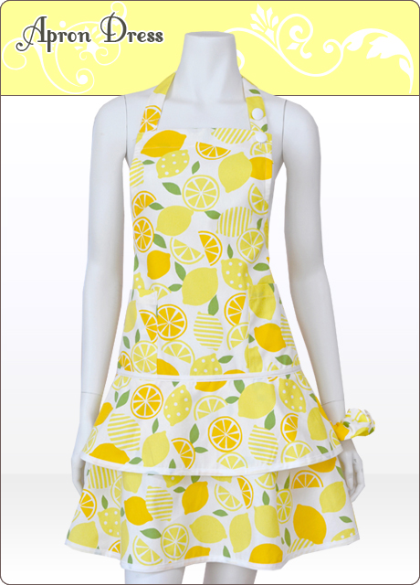 レモン柄ハニーイエロー ティアードエプロン（シュシュ付き）