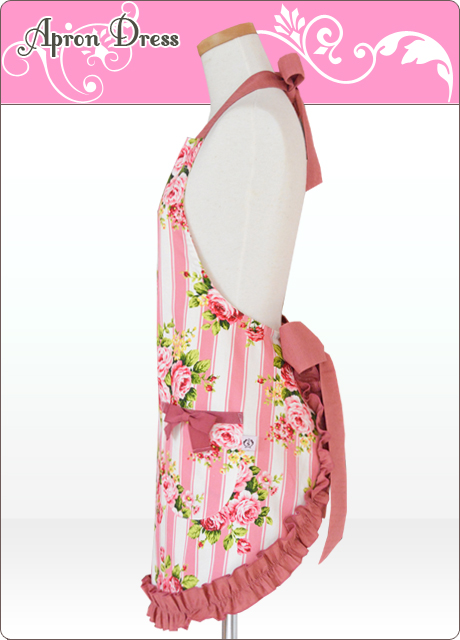 アウトレット】英国ローズブーケ／ピンクストライプ スリムエプロン