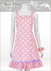 ガーリー水玉＆ストライプ／リボン Ａラインエプロン（シュシュ付き）