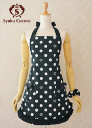 ピンク／ホワイト水玉ティアードエプロン【シュクココロ ロゴ入り