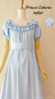 ネグリジェ　プリンセスキャサリン／ライトブルー 綿100％（刺繍入りリボン付）