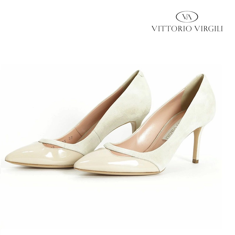 【50%OFF】ラスト1点！34Hサイズ【アプト別注】VITTORIO VIRGILI ヴィットリオヴィルジリ VD1935 スエード×エナメルレザーパンプス ネイビー ベージュ | ポインテッドトゥ ヒールパンプス 17SS