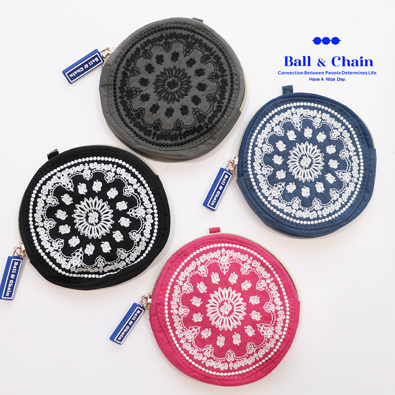 Ball＆Chain ボール＆チェーン 01608 BANDANA ROUND POUCH ラウンドポーチ バンダナ コインケース 小物入れ ファスナー付き 丸型 円型 刺繍 ギフト ボールチェーン BLUE LABEL ボールアンドチェーン