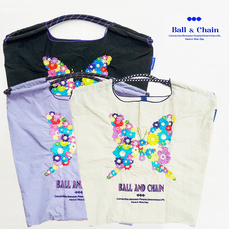 Ball＆Chain ボール＆チェーン 031015 301015  Flower Butterfly フラワーバタフライ 蝶 ＜Mサイズ＞ トートバッグ エコバッグ ショッピングバッグ ハンドバッグ 刺繍 ギフト ボールチェーン BLUE LABEL ボールアンドチェーン