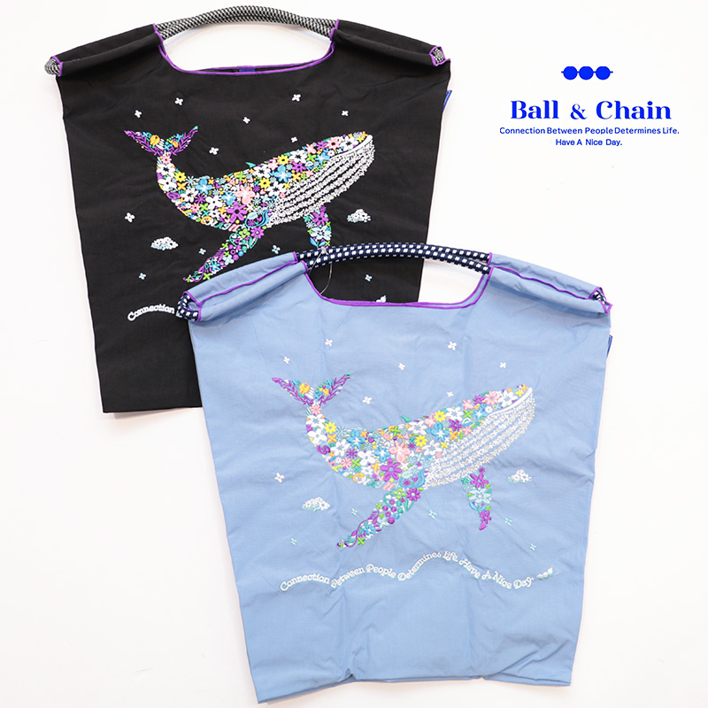 Ball＆Chain ボール＆チェーン 301054 FLOWER WHALE ＜Mサイズ＞ フラワーホエール くじら クジラ 花 トートバッグ エコバッグ ショッピングバッグ ハンドバッグ 刺繍 ギフト ボールチェーン BLUE LABEL ボールアンドチェーン