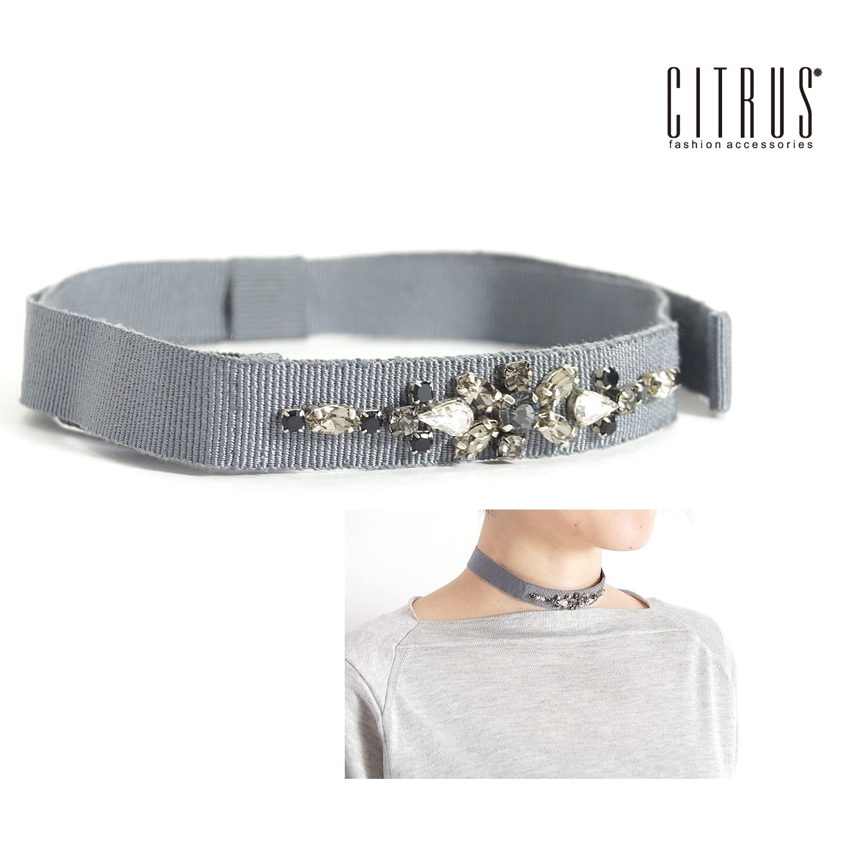 【60%OFF】【アプト別注】CITRUS シトラス グログランリボン×ビジューチョーカー C16NE4691 チャコール ライトグレー | グログランリボン ビジュー チョーカー ヘアアクセサリー カチューシャ アクセサリー 春夏 インポート