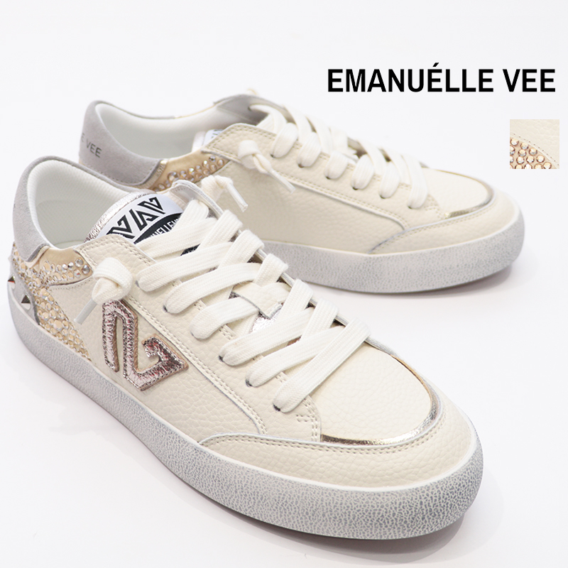 EMANUELLE VEE エマニュエル ヴィー 50023 ラインストーン レザーローカットスニーカー メタリック スタッズ 本革 | 25AW シューズ