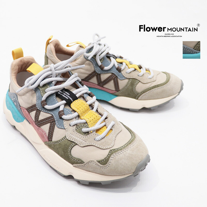FLOWER MOUNTAIN フラワーマウンテン FM107005 LENZAN Beige/Blue ナイロン×スウェード マルチカラーローカットスニーカー ウォーキングシューズ レンザン | 25SS シューズ