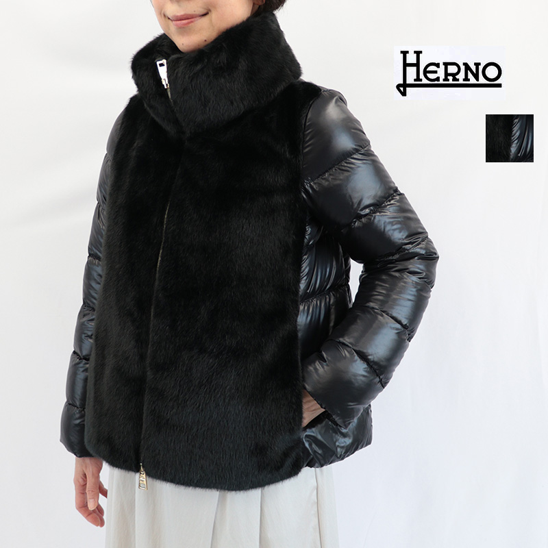 【正規品】HERNO ヘルノ PI002017D シャイニーナイロン エコファー切り替えダウンジャケット ショートダウンコート | 26AW アウター 秋冬