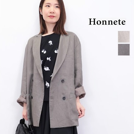 Honnete オネット HO-25SS J10 ダブルブレストリネンジャケット オーバーサイズ 麻 Yarn Dyed Plain Line Double Breasted Jacket | 25SS アウター 春夏