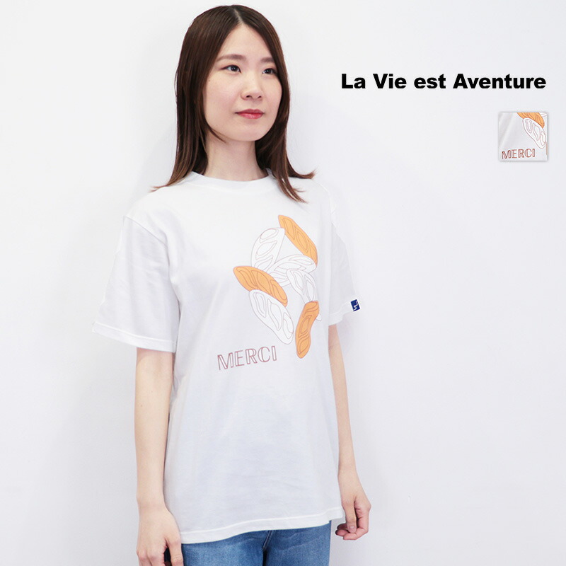 LA VIE EST AVENTURE ラヴィエアバンチュール  MERCI プリントTシャツ バタール フランスパン バケット メルシー 半袖 コットン100％ ユニセックス | 25SS トップス 春夏