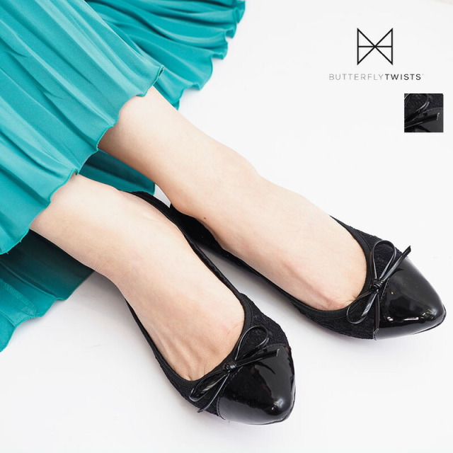 ButterflyTwists バタフライツイスト HOLLY 210123 ポケッタブルパンプス BLK G-LACE エナメル 折りたたみシューズ ポインテッドトゥー フラット ホリー ブラックグリッターレース | 23SS シューズ
