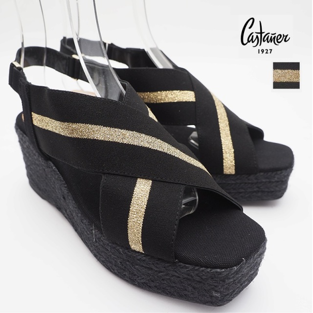 Castaner カスタニエール Quilu C クロスベルト バックストラップ ウェッジソールサンダル エスパドリーユ ブラック ゴールド ss シューズ 春夏 Castaner カスタニエール Quilu C クロスベルト バックストラップ ウェッジソールサンダル エスパドリーユ ブラック ゴールド ss シューズ 春夏