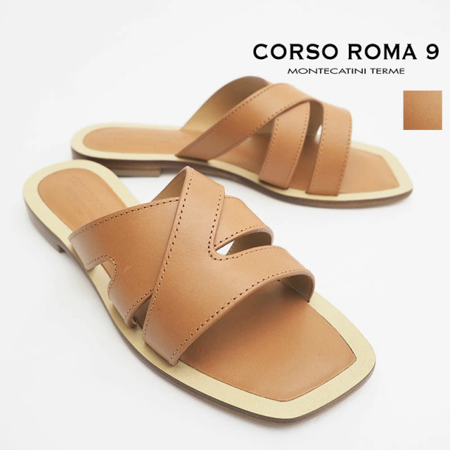 【40%OFF】CORSO ROMA9 コルソローマ Q/593（VACCHETTA） カットワーククロスレザーフラットサンダル スクエアトゥー | 22SS シューズ 春夏