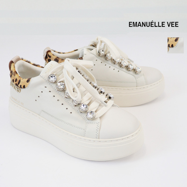 EMANUELLE VEE エマニュエル ヴィー 50317 ビジュー×ハラコ レザースニーカー  アニマル柄 ヒョウ柄 レオパード 厚底 メタリック 本革 | 26AW シューズ