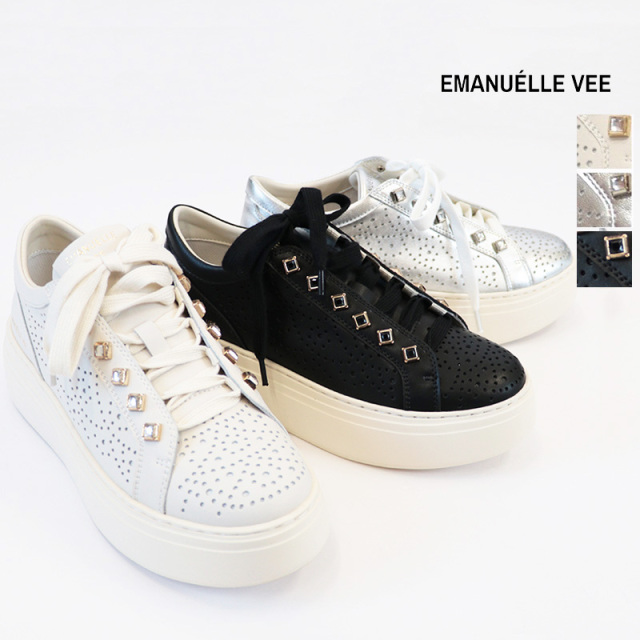 EMANUELLE VEE エマニュエル ヴィー 90116 カットワークレザースニーカー ビジュー 厚底 メタリック 本革 | 26SS 26AW シューズ