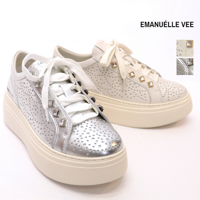 EMANUELLE VEE エマニュエル ヴィー 90116 カットワークレザースニーカー ビジュー 厚底 メタリック 本革 | 26SS シューズ