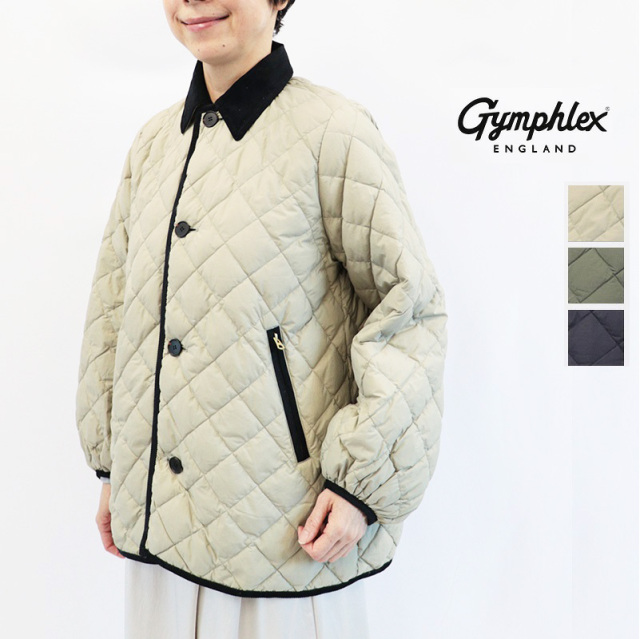 【新色追加】Gymphlex ジムフレックス GY-A0717 NYM キルトダウンパフスリーブミドルコート キルティングブルゾン コーディロイ 襟 | 26AW アウター 秋冬
