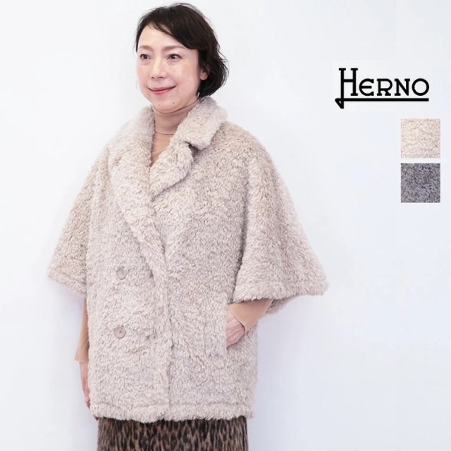 【正規品】HERNO ヘルノ MAN00002D ダブルブレスト エコファージャケット 五分袖 ファーコート ミドル丈 巻き毛 | 24AW アウター 秋冬