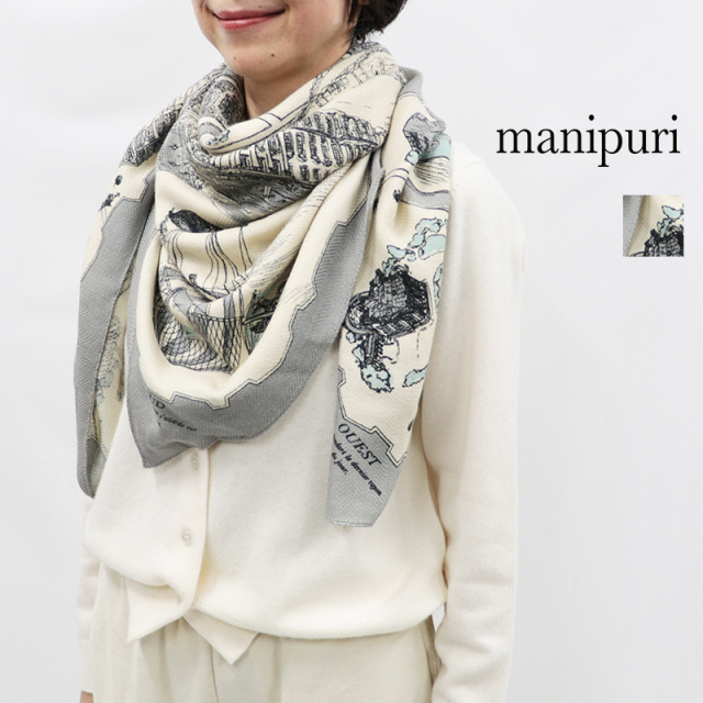 manipuri マニプリ ウールシルクストール ボヤージュ・ア・パリ 0163333008 120×120cm PARIS 街並み 地図 マップ バルーン 気球  | ファッショングッズ 26AW 秋冬