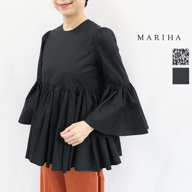 MARIHA マリハ 3214266005/3214266105 ベルフラワーのブラウス Shadow Flora Black,ONYX フラワー柄 小花柄 チュニック 七分袖 フレアスリーブ コットン 綿  | 26AW トップス 秋冬