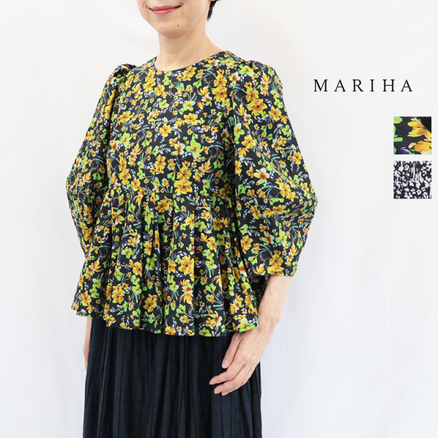 MARIHA マリハ 3214266106 花の蕾のブラウス Shadow Flora Black, Autumn Aura Black フラワー柄 小花柄 チュニック 七分袖 バルーンスリーブ パフスリーブ コットン 綿 | 26AW トップス 秋冬