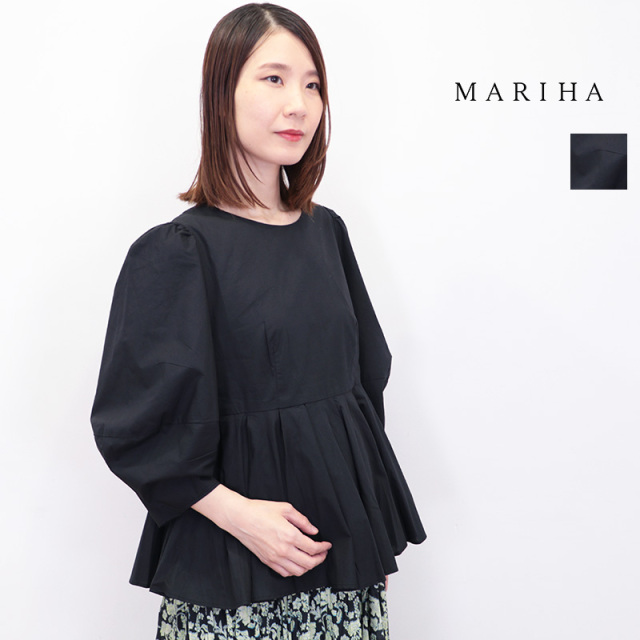 MARIHA マリハ 3214256006 花の蕾のブラウスチュニック 七分袖 バルーンスリーブ パフスリーブ コットン 綿 ONYX ブラック | 25AW トップス 秋冬