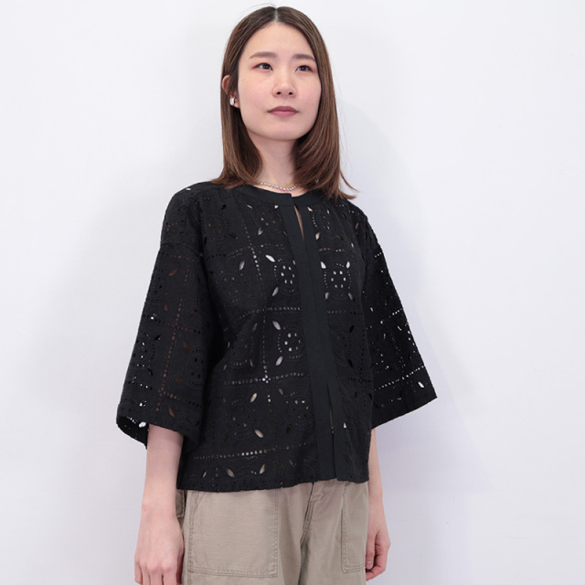 sheller スクエアレースブラウス BLACK