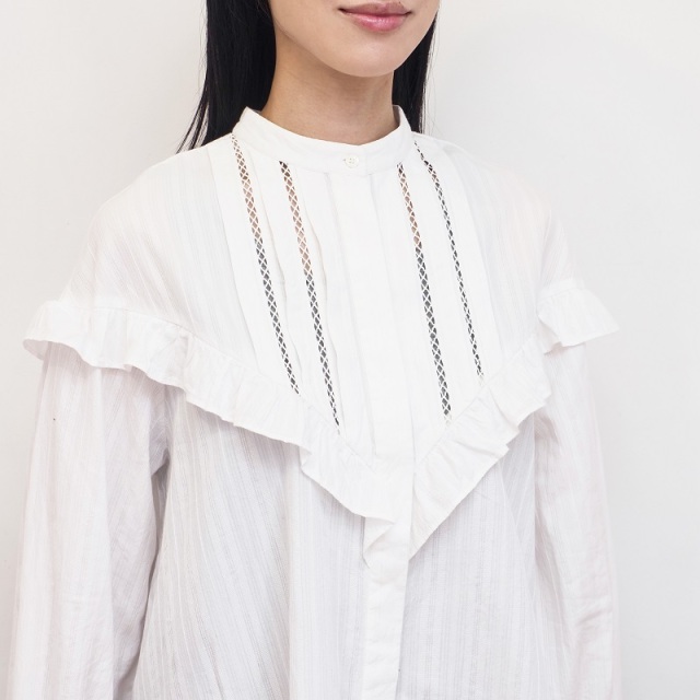 ヌキテパインド綿ドビーストライプフリルカフシャツゆったりFREEサイズ紺