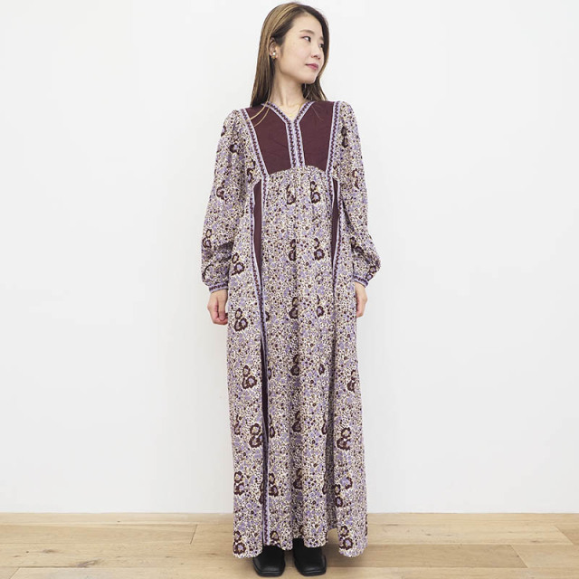 Ne Quittez Pas ヌキテパ エスニックプリントワンピース gp2 C Voile Ethnicprint キルティング 総柄 花柄 マキシワンピース 長袖 22aw 秋冬