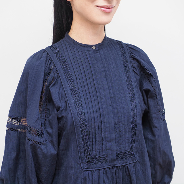 ヌキテパインド綿ドビーストライプフリルカフシャツゆったりFREEサイズ紺