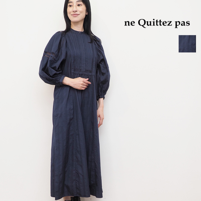 ne Quittez pas ヌキテパ　010432GK3 ドビーストライプスクエアレースシャツワンピース ピンタック ジャカード コットン  COTTON DOBBY STRIPE SQUARE LACE DRESS | 秋冬 23AW