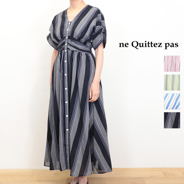 ne Quittez pas ヌキテパ 010461WN1 コットンボイルストライプウエストギャザーワンピース   Cotton Voile Stripe Anemone Foil Print Waist Tuck Dress | 26SS 春夏