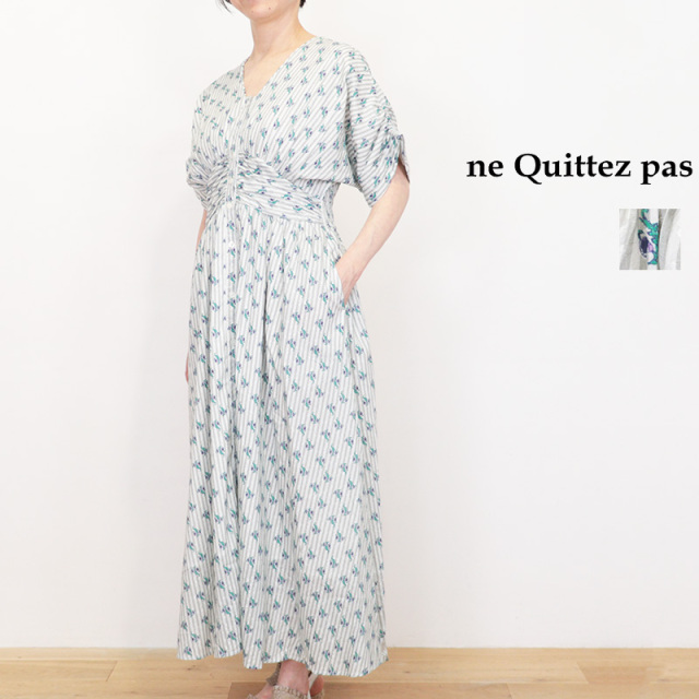 ne Quittez pas ヌキテパ 010461WX1 コットンボイルジャカードストライプ フラワープリントウエストギャザーワンピース Cotton Jacquard Stripe Small Flower Print Waist Gather Dress | 26SS 春夏
